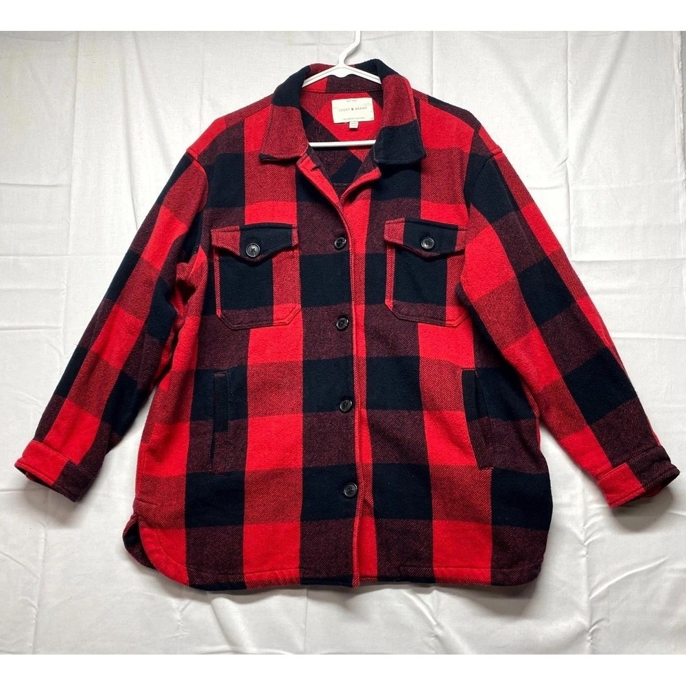 Lucky Brand Los Angeles Shacket Womens Medium Red Black Buffalo Plaid Warmth